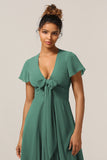 A Line V-Neck Short Sleeves Eucalyptus Bridesmaid Dress With Bow