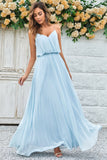 Sky Blue A-Line Spaghetti Straps Floor Length Chiffon Bridesmaid Dress