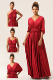 Burgundy A-Line Convertible Ruched Long Bridesmaid Dress