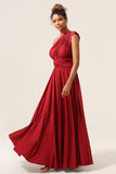 Burgundy A-Line Convertible Ruched Long Bridesmaid Dress