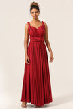 Burgundy A-Line Convertible Ruched Long Bridesmaid Dress