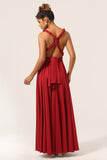 Burgundy A-Line Convertible Ruched Long Bridesmaid Dress