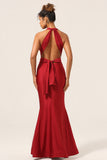 Burgundy Mermaid Halter Floor Length Bridesmaid Dress