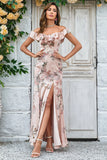 Blush Flower Printed Mermaid Off The Shoudler Floor-Length Dress with Slit