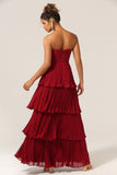 Burgundy A-Line Sweetheart Tiered Floor Length Chiffon Bridesmaid Dress