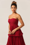 Burgundy A-Line Sweetheart Tiered Floor Length Chiffon Bridesmaid Dress