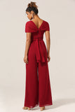 Burgundy Convertible Floor Length Chiffon Pant Suit For Bridesmaid