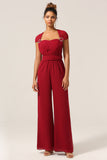 Burgundy Convertible Floor Length Chiffon Pant Suit For Bridesmaid