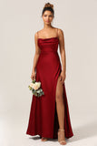 Burgundy A-Line Spaghetti Straps Floor-Length Satin Bridesmaid Dress