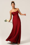 Burgundy A-Line Spaghetti Straps Floor-Length Satin Bridesmaid Dress