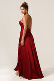 Burgundy A-Line Spaghetti Straps Floor-Length Satin Bridesmaid Dress