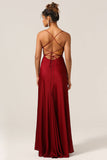 Burgundy A-Line Spaghetti Straps Floor-Length Satin Bridesmaid Dress