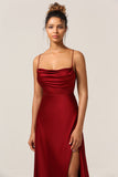 Burgundy A-Line Spaghetti Straps Floor-Length Satin Bridesmaid Dress