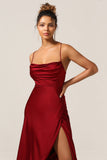 Burgundy A-Line Spaghetti Straps Floor-Length Satin Bridesmaid Dress