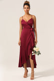 Burgundy Asymmetrical Spaghetti Straps Bridesmaid Dress with Ruffles