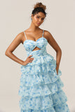 Blue Flower A-Line Spaghetti Straps Tiered Floor Length Bridesmaid Dress