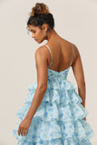 Blue Flower A-Line Spaghetti Straps Tiered Floor Length Bridesmaid Dress