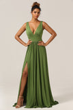 Olive A-Line Deep V-neck Spandex Floor Length Bridesmaid Dress with Slit