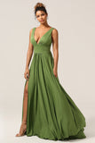 Olive A-Line Deep V-neck Spandex Floor Length Bridesmaid Dress with Slit