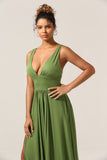 Olive A-Line Deep V-neck Spandex Floor Length Bridesmaid Dress with Slit