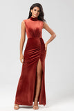 Mermaid Terracotta Velvet Sleeveless Bridesmaid Dress