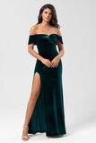 Off the Shoulder Peacock Green Velvet Mermaid Bridesmaid Dress with Slit