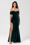 Off the Shoulder Peacock Green Velvet Mermaid Bridesmaid Dress with Slit