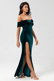 Off the Shoulder Peacock Green Velvet Mermaid Bridesmaid Dress with Slit