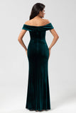 Off the Shoulder Peacock Green Velvet Mermaid Bridesmaid Dress with Slit