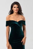 Off the Shoulder Peacock Green Velvet Mermaid Bridesmaid Dress with Slit