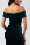 Off the Shoulder Peacock Green Velvet Mermaid Bridesmaid Dress with Slit