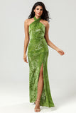 Bodycon Halter Floor-Length Printed Velvet Bridesmaid Dress with Slit