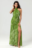 Bodycon Halter Floor-Length Printed Velvet Bridesmaid Dress with Slit