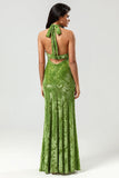 Bodycon Halter Floor-Length Printed Velvet Bridesmaid Dress with Slit