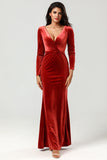 Velvet Mermaid Terracotta Bridesmaid Dress with Long Sleeves