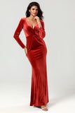 Velvet Mermaid Terracotta Bridesmaid Dress with Long Sleeves