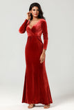 Velvet Mermaid Terracotta Bridesmaid Dress with Long Sleeves