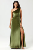 A Line One Shoulder Floor-Length Velvet Bridesmaid Dress with Slit