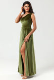 A Line One Shoulder Floor-Length Velvet Bridesmaid Dress with Slit