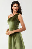 A Line One Shoulder Floor-Length Velvet Bridesmaid Dress with Slit