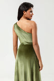 A Line One Shoulder Floor-Length Velvet Bridesmaid Dress with Slit