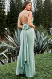 Mint Sheath Spaghetti Straps Long Bridesmaid Dress with Bowknot