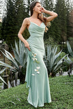 Mint Sheath Spaghetti Straps Long Bridesmaid Dress with Bowknot