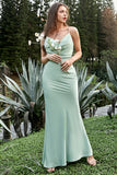 Mint Sheath Spaghetti Straps Long Bridesmaid Dress with Bowknot