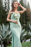 Mint Sheath Spaghetti Straps Long Bridesmaid Dress with Bowknot