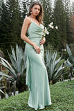 Mint Sheath Spaghetti Straps Long Bridesmaid Dress with Bowknot