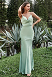 Mint Sheath Spaghetti Straps Long Bridesmaid Dress with Bowknot