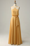 Yellow A Line Halter Long Bridesmaid Dress with Bowknot