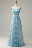 Blue A Line Spaghetti Straps Floral Print Tulle Floor Length Bridesmaid Dress