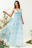 Blue A Line Spaghetti Straps Floral Print Tulle Floor Length Bridesmaid Dress